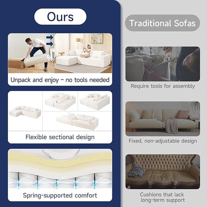 2025 New 108" Cloud Couch Sectional, Modular Sectional Sofa with L-Shaped Chaise, Deep Seat Sectional Modular Couch for Living Room, No Assembly Required (Beige, Left Facing Chaise)
