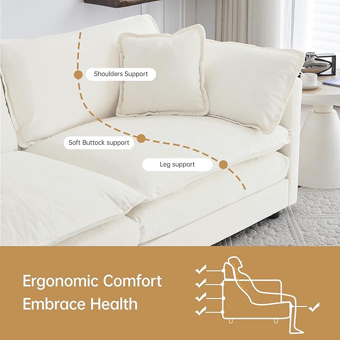 Modular Sectional Sofa, 111.5 Inch L-Shaped Cloud Sofa with Deep Seat Chenille Sofa with Cushions, Three-Self Sectional Sofa for Living Room Apartment,White