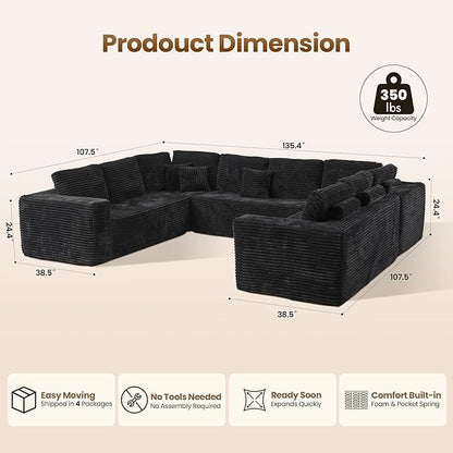 Cloud Sectional Couch with Loveseat, Boneless U-Shaped Cloud Couch with Deep Seat, Soft Plush Modern Minimalist Sofa, Assembly Free Modular Floor Sofa for Office Living Room Apartment, Black