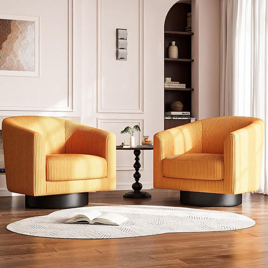 360° Swivel Accent Chairs Set of 2, Modern Bucket Chair, Corduroy Barrel Armchair, Comfy Boucle Chair, Single Sofa for Living Room Bedroom. Orange