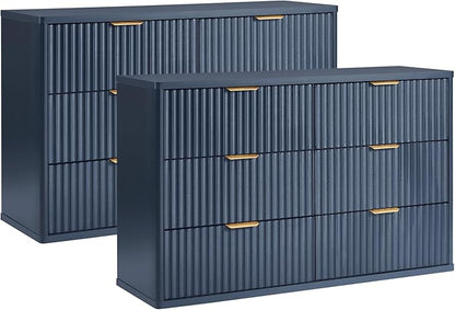 LEYAOYAO Fluted 6 Drawers Dresser Set of 2, 48" Wide Modern Chest of Drawers with Woodgrain Top, Curved Profile Design, Dresser TV Stand, Wood Drawer Organizer for Bedroom, Living Room, Hallway,Blue