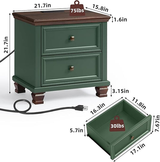 Farmhouse Nightstand Set of 2 for Bedroom, Mid-Century Low Nightstands with 2 Drawers & Charging Station, Vintage Night Stands with 4 Square Solid Wood Legs, Small Dresser for Home, Green