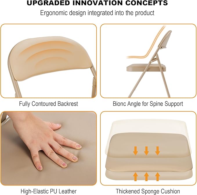 6 Pack Khaki Folding Chairs with Padded Cushion for Outside, Portable Stackable Commercial Metal Foldable Chairs with Steel Frame for Home Events Office Wedding Party, 350lbs Capacity