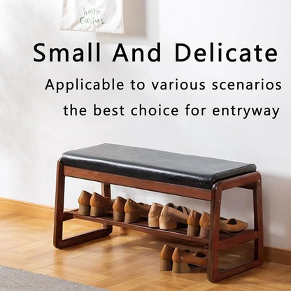 latifolia Solid Wood Bench, Entryway Shoe Bench with Cushion, 2 Tier Shoe Storage Organizer for Hallway, Living Room(Black,31.50''L)