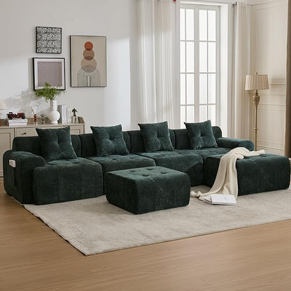 129.23”Modular Sectional Couch for Living Room, Modren L-Shape Cloud Sectional 4-Seater Sofa with 2 Movable Ottomans, Woven Texture Upholstery Boneless Couch, No Assembly, Green