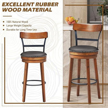 COSTWAY Bar Stools Set of 4, 360-Degree Swivel Stools with Leather Padded Seat, Single Slat Ladder Back & Solid Rubber Wood Legs, Bar Height Stools for Pub, Restaurant, Kitchen, Brown (4, 30.5)