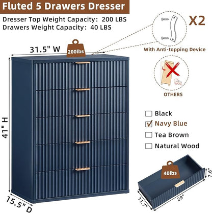 Fluted 5 Drawers Dresser for Bedroom, 41" Tall Modern Chest of Drawers with Metal Handle,Navy Blue Wood Drawer Organizer for Bedroom, Living Room, Hallway, Entryway