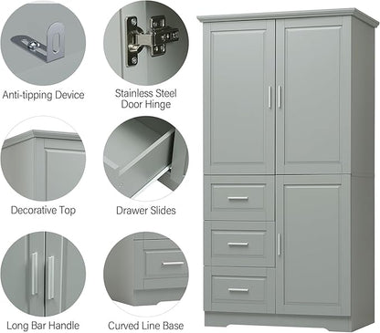 P PURLOVE Bathroom Storage Cabinet with 3 Drawers,Tall and Wide Bathroom Cabinet Standing,Wood Freestanding Tall Bathroom Cabinet for Kitchen,Living Room