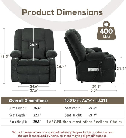 ABCASA Oversized Dual Motor Lay Flat Power Lift Recliner Chair, Massage Recliner Chairs with Heat, Lumbar Pillow, USB & Type-C Ports, Oversized Recliner for Big & Elderly People for Living Room - Grey