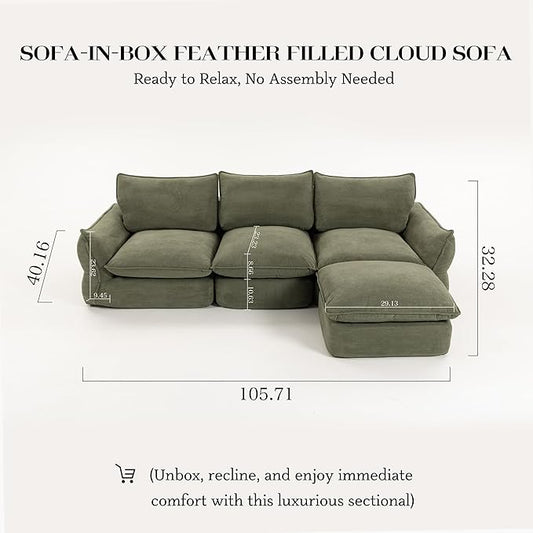 106'' Down Blend L-Shaped Sectional Sofa, Deep Seat Feather-Filled Cushions, Oversized Cloud Couch with Sink-in Comfort, Modern Living Room Sofa – Sage Mist