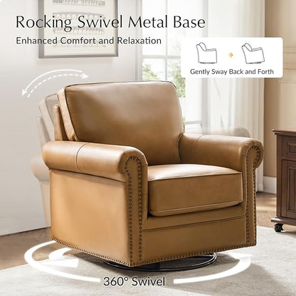 HULALA HOME Swivel Accent Chair Genuine Leather Barrel Rocker Chair with Metal Base Transitional Armchair Padded Round Armrest Set of 2, Camel