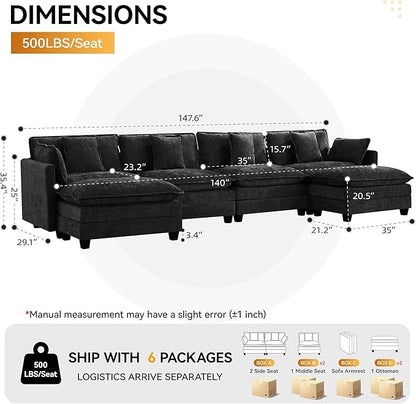 147'' Modualr Sectional Cloud Deep Seat Couch, Oversized Chenille U Shaped Sectional Sofa for Living Room Set, Comfy Upholstered Modular Sectional Sofa Couch with 2 Movable Ottoman, Dark Grey