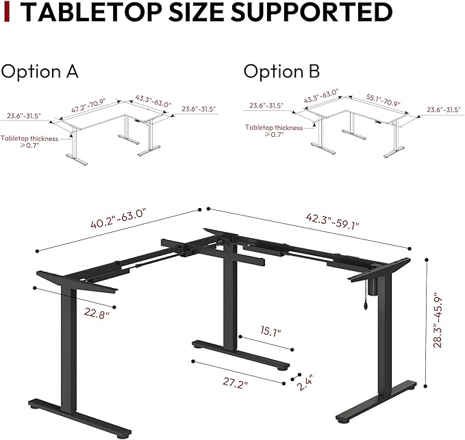 SANODESK Electric Height Adjustable 3-Leg L Shaped Standing Desk Frame, Support up to 220lbs, Sit Stand Ergonomic L Desk Frame Only, Black