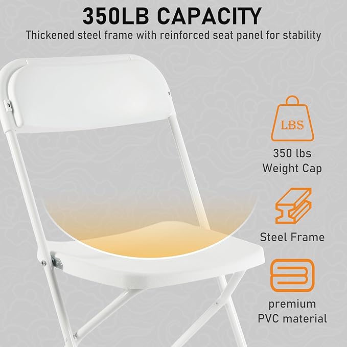 SEALAMB Plastic Folding Chairs 16 Pack, White Commercial Portable Indoor/Outdoor Chairs for Home Office, Wedding, Events Parties with Steel Frame, 350lbs Capacity (White-Plastic, 16 Pack)