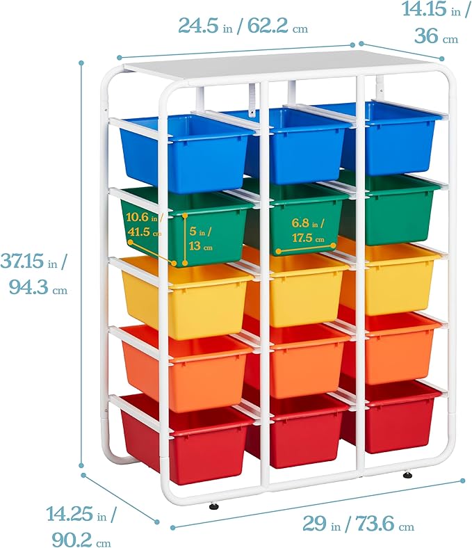 ECR4Kids 5-Tier Storage Rack with 15 Cubby Bins 5x3, Multipurpose Organization, Assorted