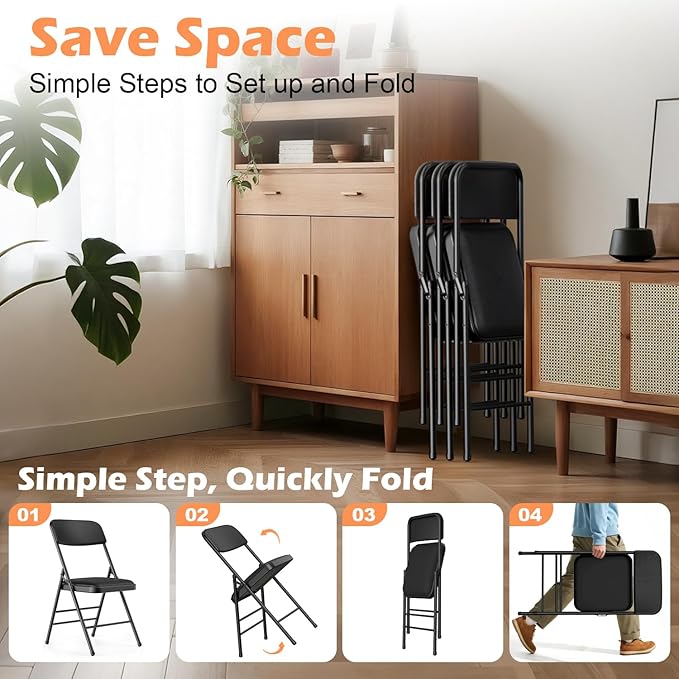 Folding Chairs 4 Pack with Padded Cushion and Back, Metal Folding Chairs with Comfortable Cushion and Durable Steel Frame Capacity for Home, Office, Party and Outdoor Events (PU-Black, 4 Pack)