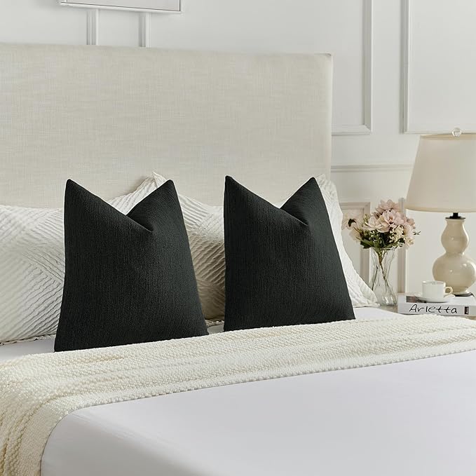 FUTEI Black Chenille Decorative Throw Pillow Covers 20x20 Inch Set of 2,Soft Cozy Faux Linen Textured Cushion Case,Farmhouse Home Decor for Couch Living Room