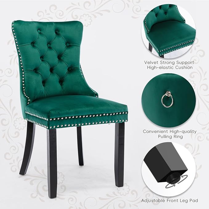 Velvet Upholstered Dining Chairs Set of 6, Modern Style Kitchen Side Chairs with Nailhead Trim and Wood Legs,Metal Pulling Ring for Dining Room Living Room(Green,Set of 6)