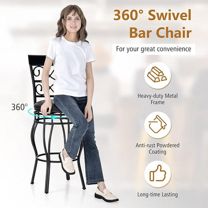COSTWAY Bar Stools Set of 4, 360 Degree Swivel, 30" Bar Height Bar stools, with Leather Padded Seat Bistro Metal Vintage Chairs with Back for Kitchen Island, Pub (Set of 4)