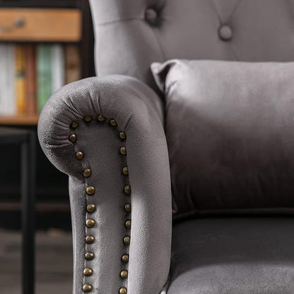Accent Reading Arm Chairs Set of 2 for Living Room Bedroom, Midcentury Modern Comfy Corner Sofa Chair, Wingback Waiting Room Club Chair with Button Tufted Back &Lumbar Pillow, Velvet Grey