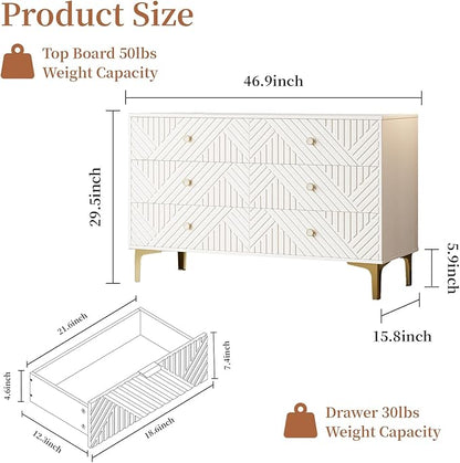 White Wood Dresser for Bedroom, 6 Drawers Dresser with Metal Handles & Embossed Woodgrain, 47" Wide Modern Chest of Drawers for Living Room, Hallway