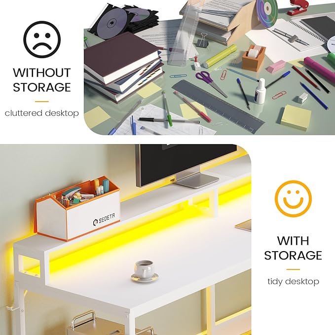 SEDETA White L Shaped Gaming Desk, 66" Home Office Desk with Wood File Drawer, Power Outlet and Led Lights, Corner Computer Desk with Monitor Shelf, Printer Storage Shelves, for Two Person