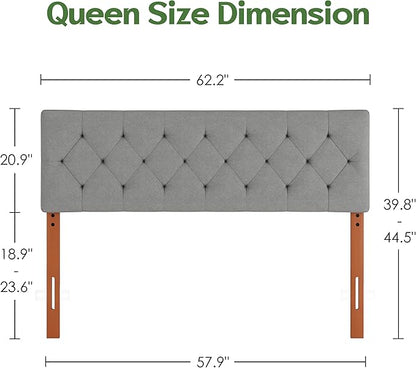 Queen Upholstered Headboard Only for Bed Frame from 49”-62”, Adjustable Height Queen XL Headboards with Durable Wood Legs, Fabric Bed Board in Modern Button Design, Light Grey