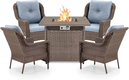 Outdoor Patio Chairs with Fire Pit Table 5 Piece Set - High Back Brown Wicker Rattan Lawn Chair with Thick Cushion for Porch Apartment Deck Yard Poolside Garden - Baby Blue