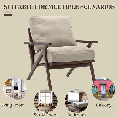 Wahson Set of 2 Mid Century Chair, Upholstered Accent Armchairs, with Wood Frame and Canvas Cushions, Leisure Slipper Chair for Living Room/Bedroom, Beige