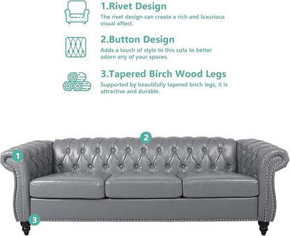 Home Sofa Living Room Furniture, 3 Seater Leather Upholstered Sofa Couch, Modern Comfy Couch with Faux Leather Cushions, Mid Century Tufted Chesterfield Sofas for Bedroom, Office, Apartment (Grey)