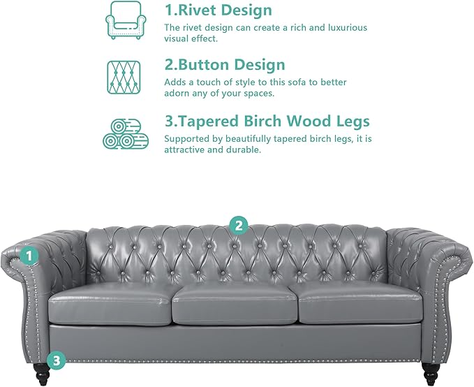 Chesterfield 3 Seater Sofa, Modern Leather Tufted Couch 3 Seater with Rolled Arms and Nailhead Mid-Century Upholstered Couch for Living Room, Bedroom, Apartment and Office, Grey