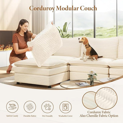 Vesgantti 142" U Shaped Sectional Couch, Comfy Cloud Modular Sectional Sofa with 2 Ottoman Deep Seat Corduroy Modern Cloud Sofa, Modular Sofas for Living Room, Bedroom and Apartment, Beige
