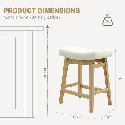 Counter Height Bar Stools Set of 3 for Kitchen Island Modern Barstools with Upholstered Faux Leather Backless Seat and Solid Wood Legs, 24 inch Farmhouse Bar Chairs, White