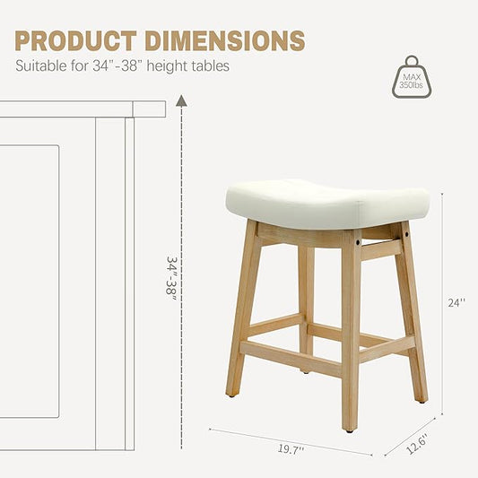 Counter Height Bar Stools Set of 6 for Kitchen Island Modern Barstools with Upholstered Faux Leather Backless Seat and Solid Wood Legs, 24 inch Farmhouse Bar Chairs, White