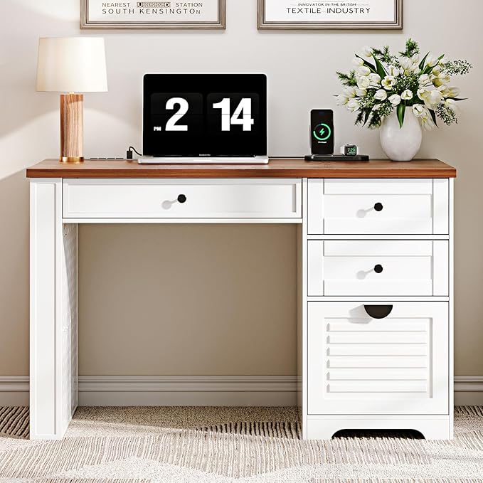 47" Home Office Desks, Executive Desk, Farmhouse Computer Desk with Drawers and Charging Station, File Drawer, Storage Cabinet, Rustic Computer Writing Desk,Antique White