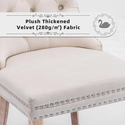 Velvet Upholstered Dining Chairs Set of 8, Modern Style Kitchen Side Chairs with Nailhead Trim and Wood Legs,Metal Pulling Ring for Dining Room Living Room(Beige)