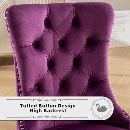 Velvet Upholstered Dining Chairs Set of 4, Modern Kitchen Side Chairs with Nailhead Trim and Silver Plated Leg, Metal Pulling Ring for Dining Room Living Room(Purple-Silver Plated Leg)