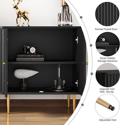 HLR Sideboard Buffet Cabinet with Fluted Texture, White Accent Cabinet with 2 Doors, Modern Credenza Storage for Kitchen Living Room, Entryway (Black, 2Piece)