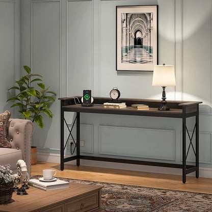 Tribesigns Sofa Table with Outlets and USB Ports, 70.9 inch Extra Long Console Table Behind Couch with Charging Station, Industrial Narrow Entryway Hallway Accent Table for Living Room