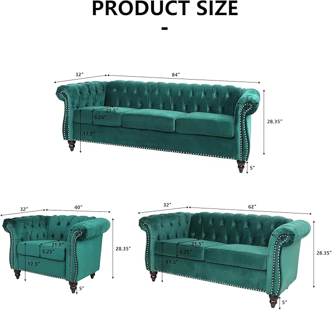 Living Room Velvet Sofa and Loveseat set, Mid Century Modern Upholstered Couch with Cushions, 2-Piece Home Sofa Furniture Sets, Comfy Tufted Chesterfield Couches for Living Room, Bedroom, Office