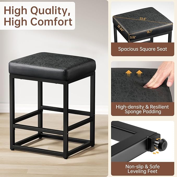 Counter Height Bar Stools Set of 3, 24" Barstools for Kitchen Countertop, Faux Leather Counter Stools with Thick Square Seats & Sturdy Metal Base, Simple Assembly, Black