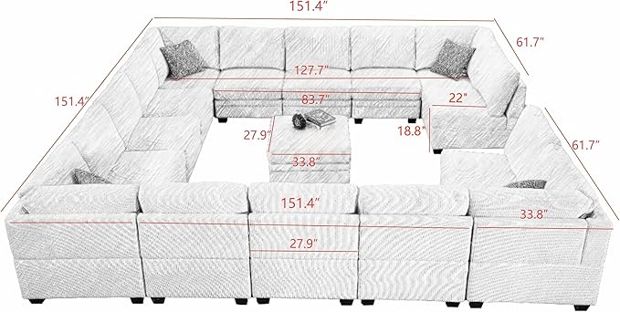 Wanderwell Oversized Modular Sectional Sofa, 16-Seater U Shaped Couches with Movable Ottoman,Corduroy Sectional Couch with Wide and Deep Seats Suitable for Living Room,Bedroom,Apartment (Grey, U-16)