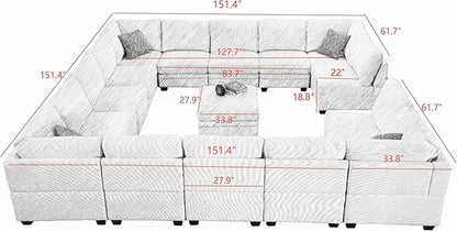 Wanderwell Oversized Modular Sectional Sofa, 16-Seater U Shaped Couches with Movable Ottoman,Corduroy Sectional Couch with Wide and Deep Seats Suitable for Living Room,Bedroom,Apartment (Cream, U-16)