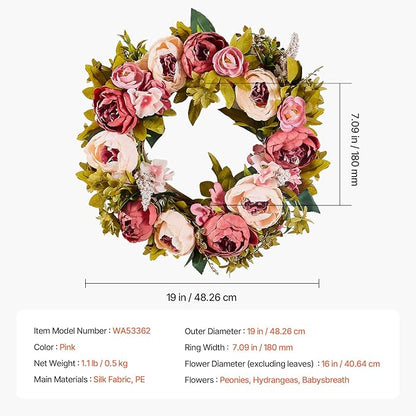 VEVOR Spring Wreath for Front Door 19 Inch - Artificial Peony Floral Wreath with Greenery, Year-Round All Season Outdoor Indoor Decor