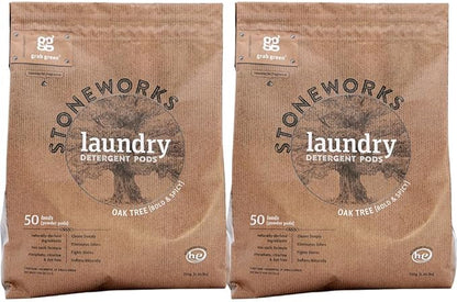 Grab Green Stoneworks Laundry Detergent Pods, 100 Count, Oak Tree Scent, Plant and Mineral Based, Cleans Deeply, Eliminates Odors, Fights Stains, Softens Naturally