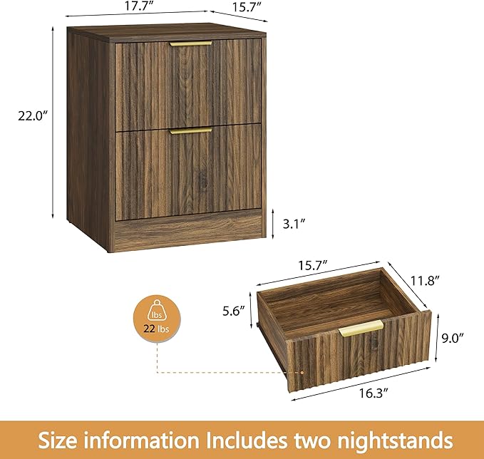 3-Piece Modern Bedroom Furniture Set, Wide 9-Drawer Dresser & 2-Drawer Nightstands Set of 2, Natural Wood Dresser and Nightstand Sets for Bedroom, Hallway, Walnut