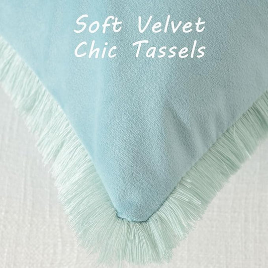 FUTEI Aqua Velvet Decorative Throw Pillow Covers 20x20 Set of 2,Soft Cozy Edge with Tassels Cushion Case,Boho Modern Home Decor for Couch Bed Living Room