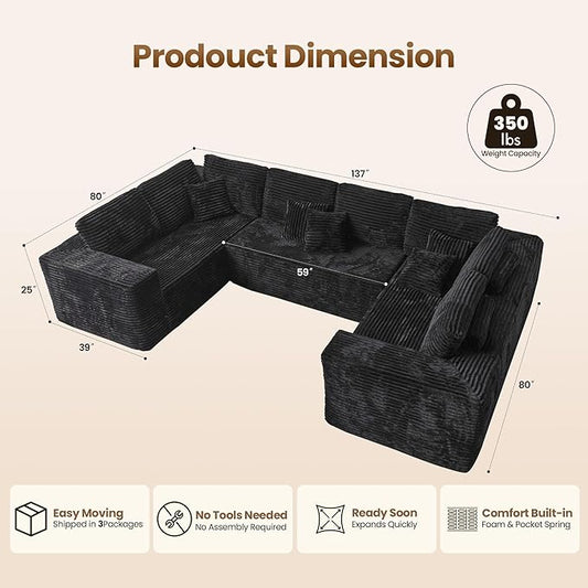 Cloud Sectional Couch with Loveseat, Boneless U-Shaped Cloud Couch with Deep Seat, Soft Plush Modern Minimalist Sofa, Assembly Free Modular Floor Sofa for Office Living Room Apartment, Black
