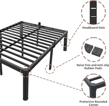 ROIL 14 inch Full Size Bed Frame with Headboard Hole and Round Corner Legs Mattress Retainers 3500LBS Heavy Duty Steel Slats No Box Spring Needed Platform Noise-Free Underneath Storage