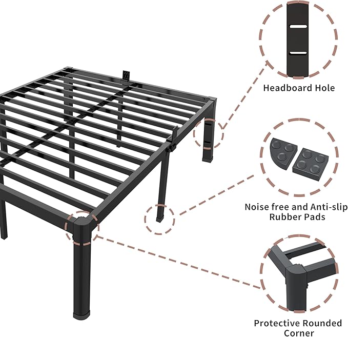 ROIL 12 inch Twin XL Bed Frames with Headboard Hole and Round Corner Legs Mattress Retainers 3500LBS Heavy Duty Steel Slats No Box Spring Needed Platform Noise-Free Underneath Storage